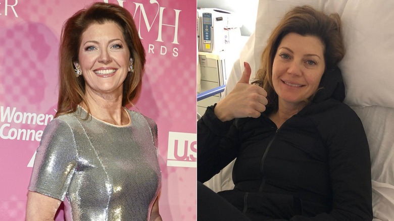A side-by-side of Norah O'Donnell with makeup and without makeup.