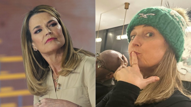 A side-by-side of Savannah Guthrie with makeup and without makeup.