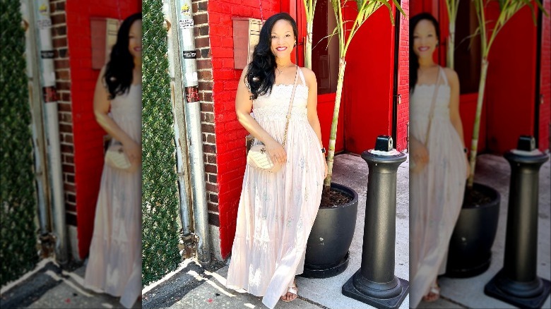 woman wearing flowing maxi dress