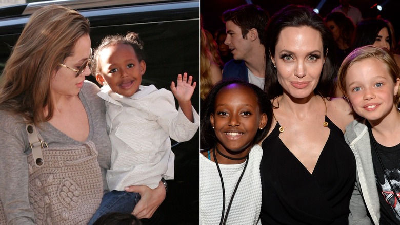 Zahara Jolie and Angelina Jolie getting out of the car and at the Nickelodeon's 28th Annual Kids' Choice Awards with Shiloh