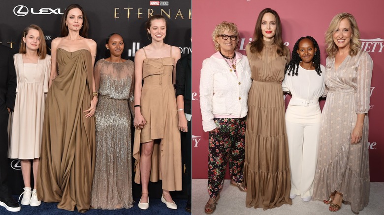 Zahara Jolie and Angelina Jolie at the "Eternals" premiere with Shiloh and Vivienne, and at the Variety Power of Women event
