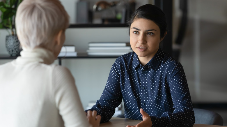 woman having serious discussion 