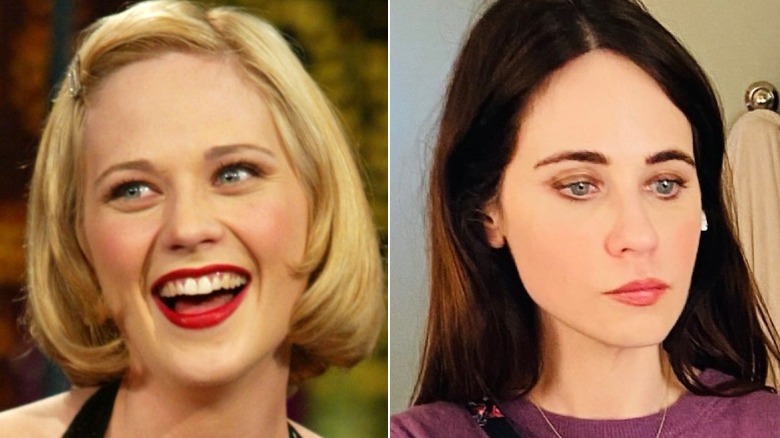Zooey Deschanel with a short blond bob haircut on the left and long, brunette hair sans bangs on the right