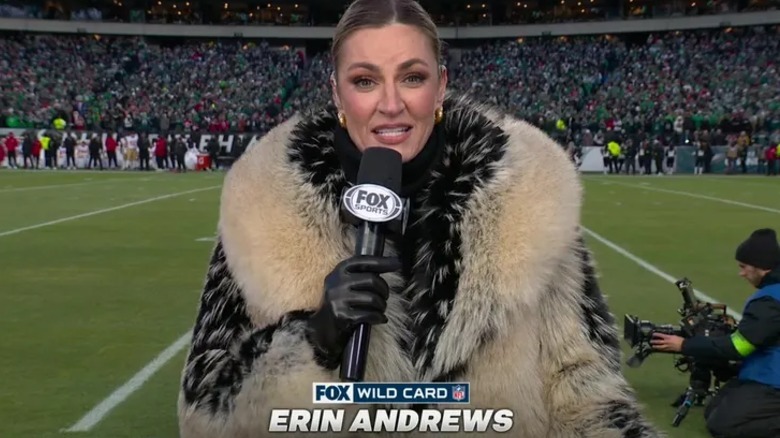 Erin Andrews reporting on the sidelines of the Wild Card Playoffs in January 2026