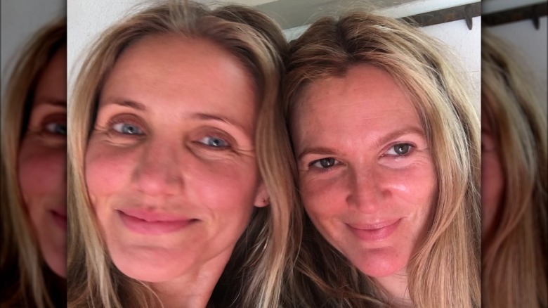 Drew Barrymore and Cameron Diaz smiling while makeup-free