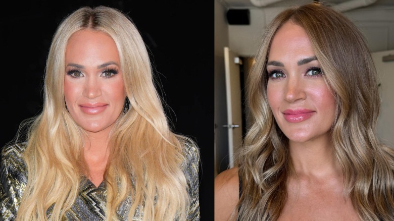 Carrie Underwood with blond hair and with her natural hair which is more of a brown color