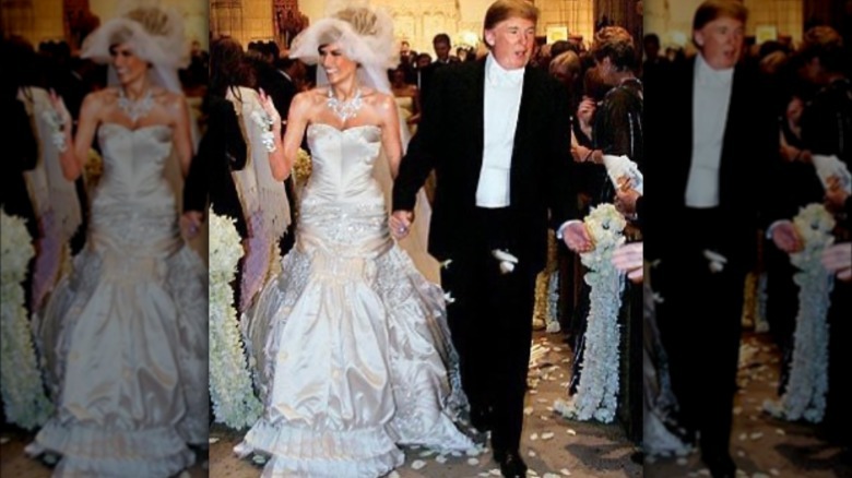 Melania and Donald Trump walk down the aisle holding hands after their 2005 wedding ceremony