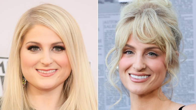 A side-by-side close-up showing Meghan Trainor's weight loss