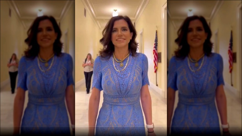 Nancy Mace in a blue lace dress