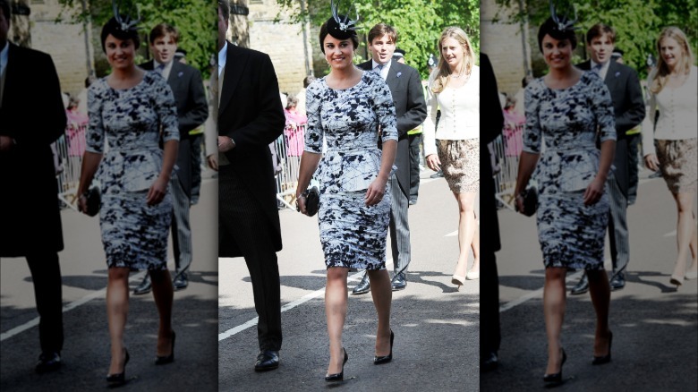 Pippa Middleton wearing a black-and-white outfit at a 2013 wedding