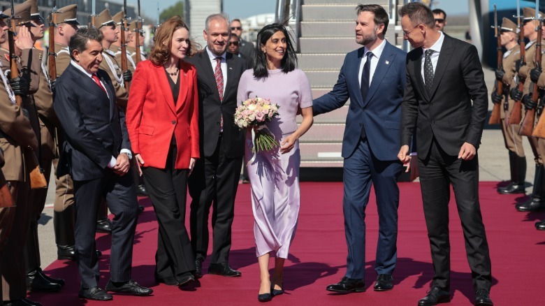 Hungarian Foreign Minister Peter Szijjarto and Hungarian Ambassador to the U.S. Szabolcs Takacs welcome U.S. Vice President JD Vance and second lady Usha Vance as they arrive at Budapest Ferenc Liszt International Airport on April 7