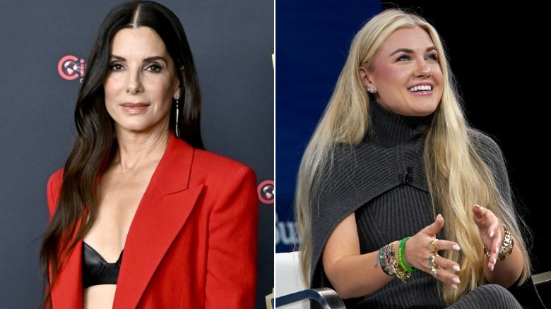 Side by side image of Sandra Bullock and Erika Kirk. Sandra is an older woman with fair skin and long dark brown hair. She is wearing a bright red suit jacket. Erika is a woman with fair skin