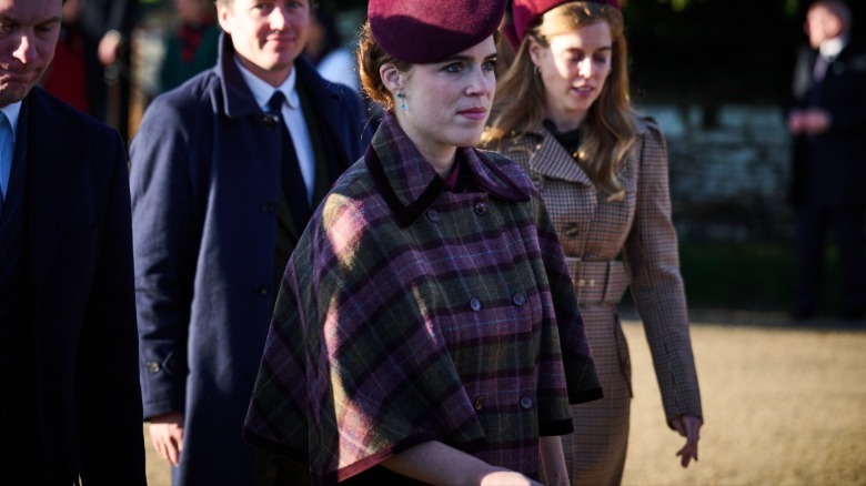 Princess Eugenie wearing a plaid outfit without gloves on Christmas Day 2025