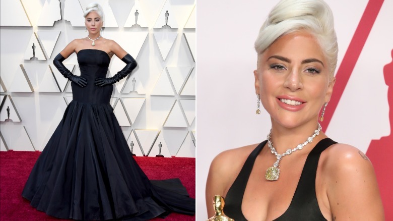Two images of Lady Gaga at the 2019 Oscars. One image features her full dress
